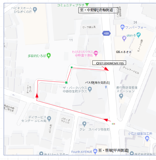 駐車スペースへバックで入る順路